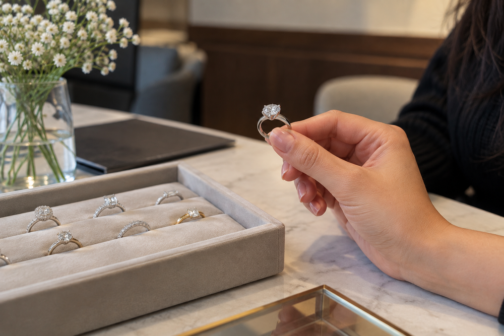 Woman comparing diamond engagement rings at a jewellery store