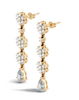 yellow long drop earrings with round lab grown diamond clusters and pear drop