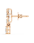 rose gold stud lab grown earrings featuring round diamonds arranged in a floral cluster with a hanging solitaire design
