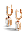 Rose gold hoop earrings with rectangular lab grown baguette diamond drop