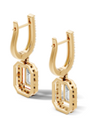 back side view of Yellow hoop earrings with geometric drop and baguette lab grown diamond