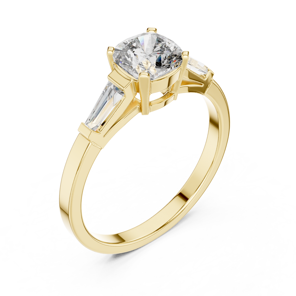 Gold 1Ct Three Stone Cushion Tapered Baguette Lab Grown Diamond Jayne Ring