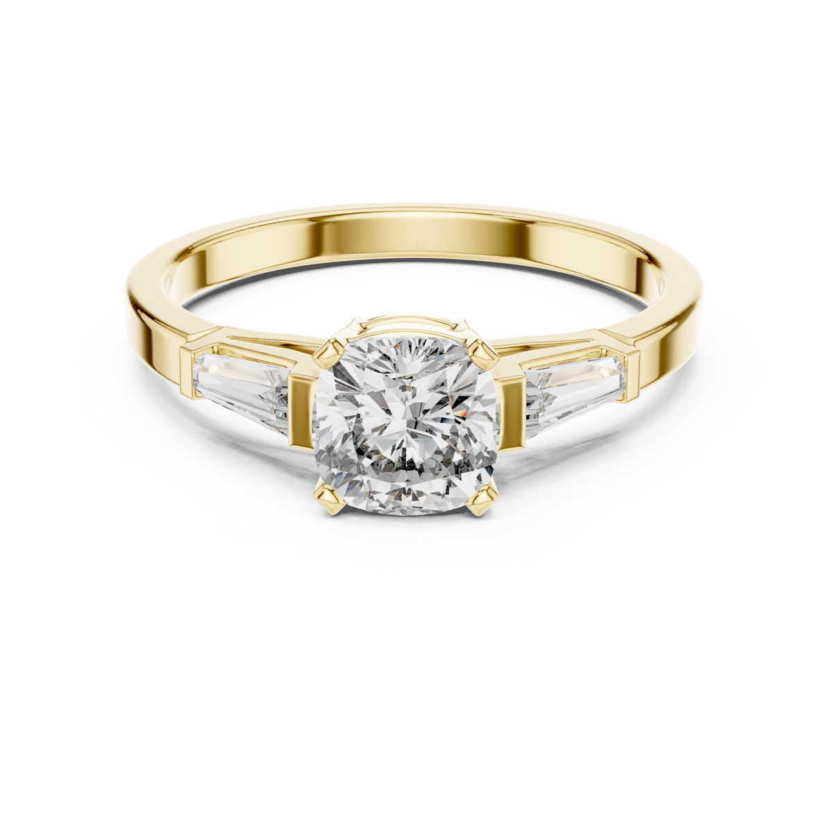 Gold 1Ct Three Stone Cushion Tapered Baguette Lab Grown Diamond Jayne Ring