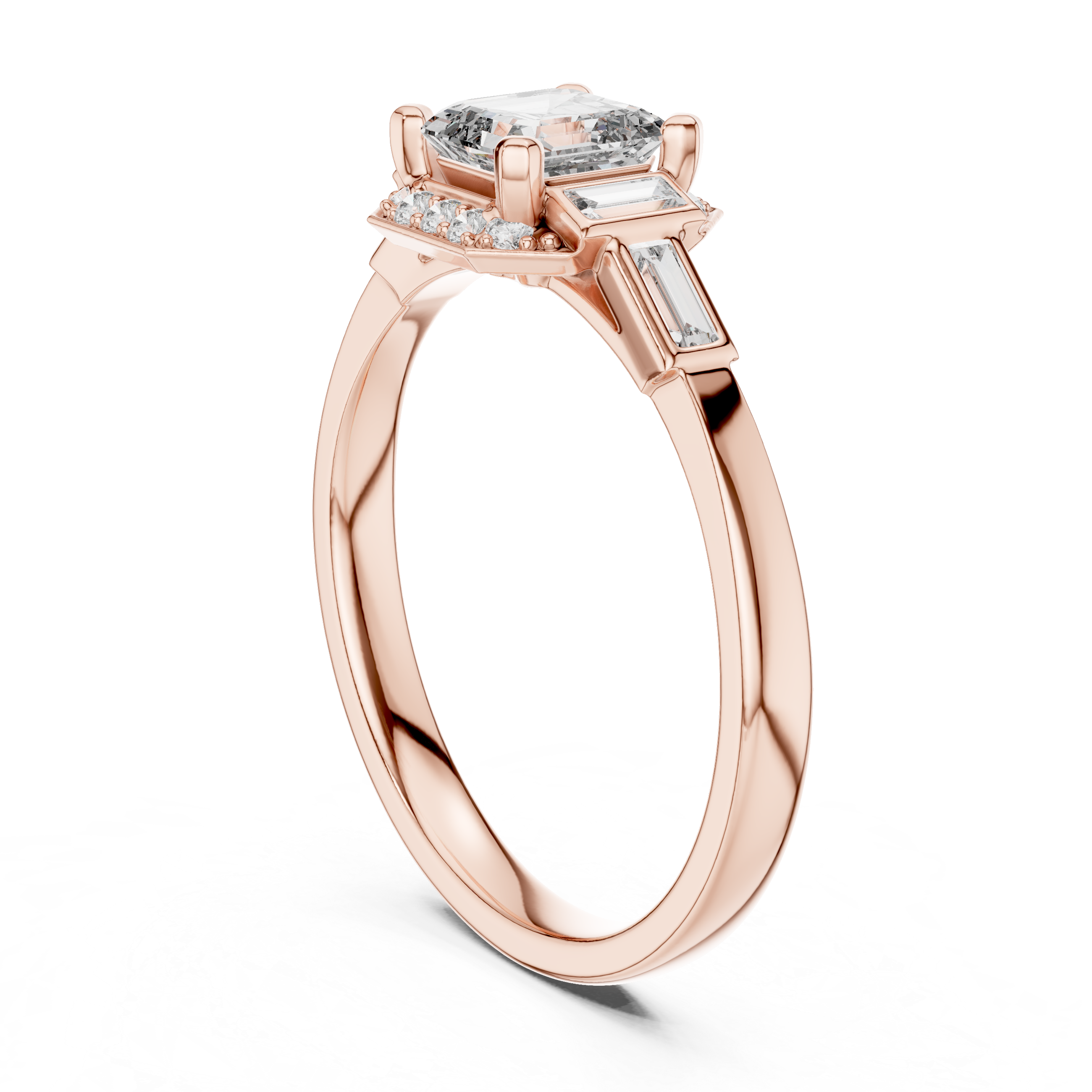 Gold 1Ct Halo Asscher Side Baguette Round Lab Grown Diamond Acario Ring