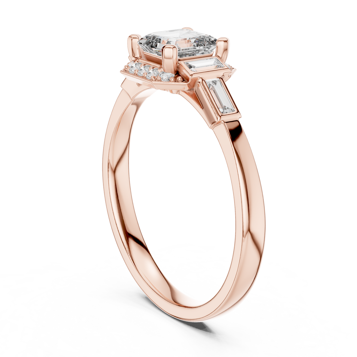 Gold 1Ct Halo Asscher Side Baguette Round Lab Grown Diamond Acario Ring