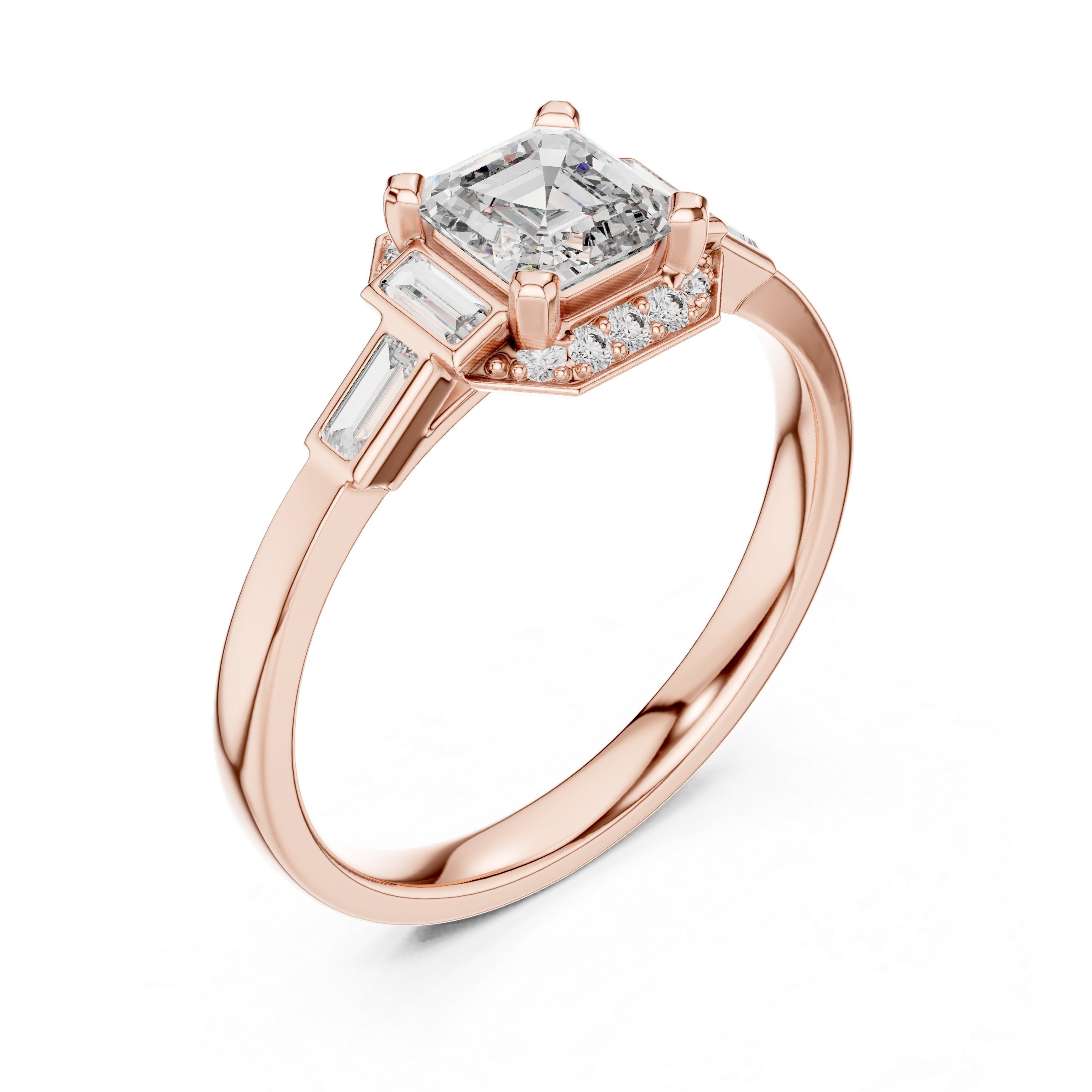 Gold 1Ct Halo Asscher Side Baguette Round Lab Grown Diamond Acario Ring