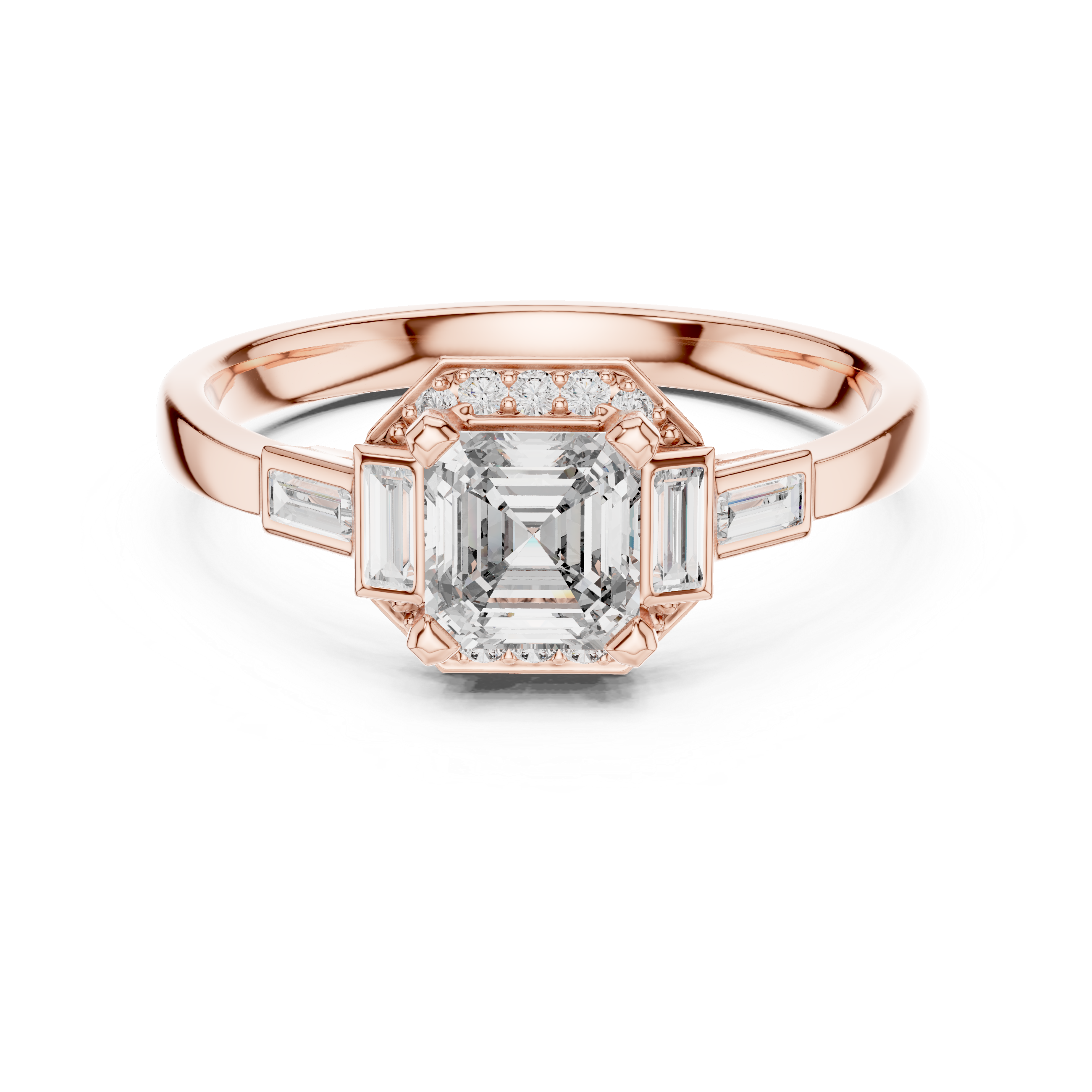 Gold 1Ct Halo Asscher Side Baguette Round Lab Grown Diamond Acario Ring