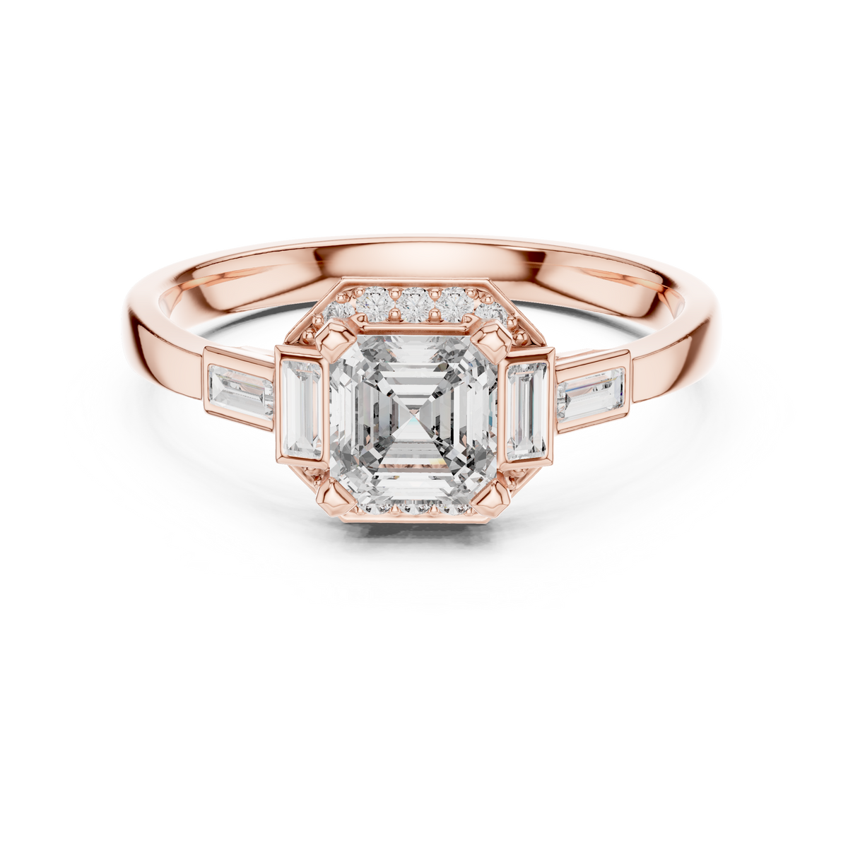 Gold 1Ct Halo Asscher Side Baguette Round Lab Grown Diamond Acario Ring