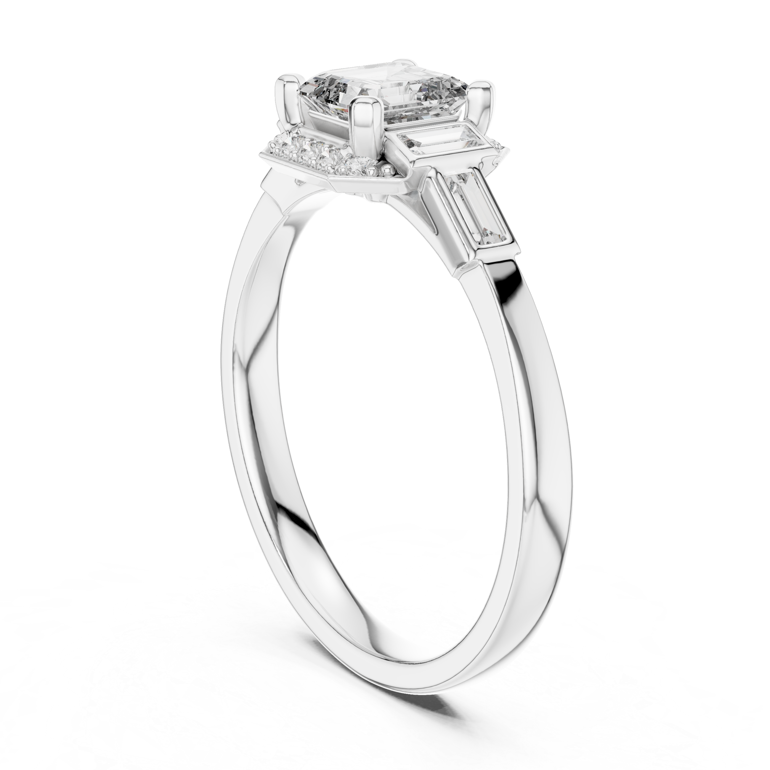 Gold 1Ct Halo Asscher Side Baguette Round Lab Grown Diamond Acario Ring