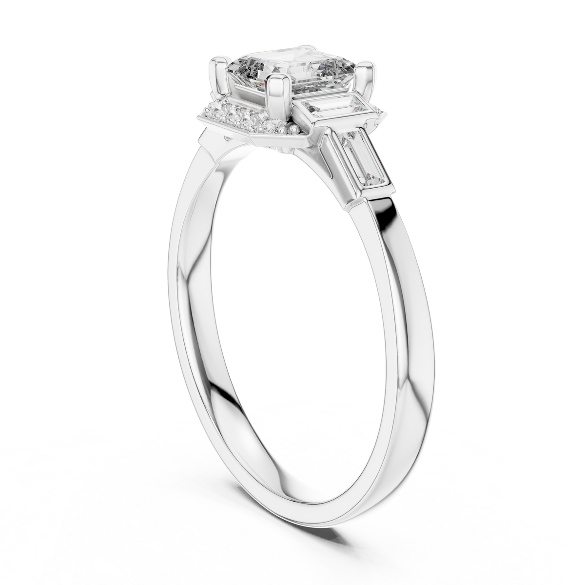 Gold 1Ct Halo Asscher Side Baguette Round Lab Grown Diamond Acario Ring