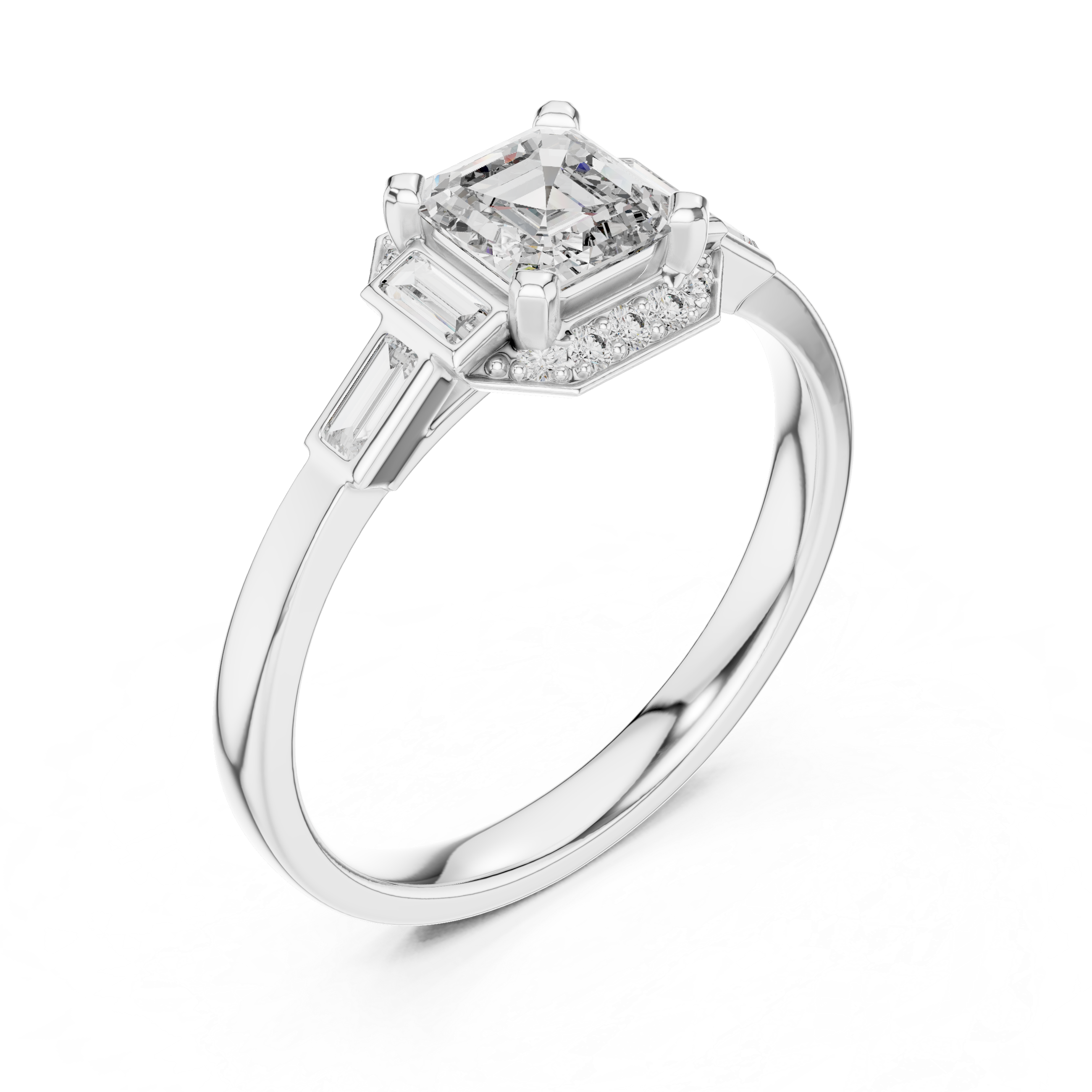 Gold 1Ct Halo Asscher Side Baguette Round Lab Grown Diamond Acario Ring