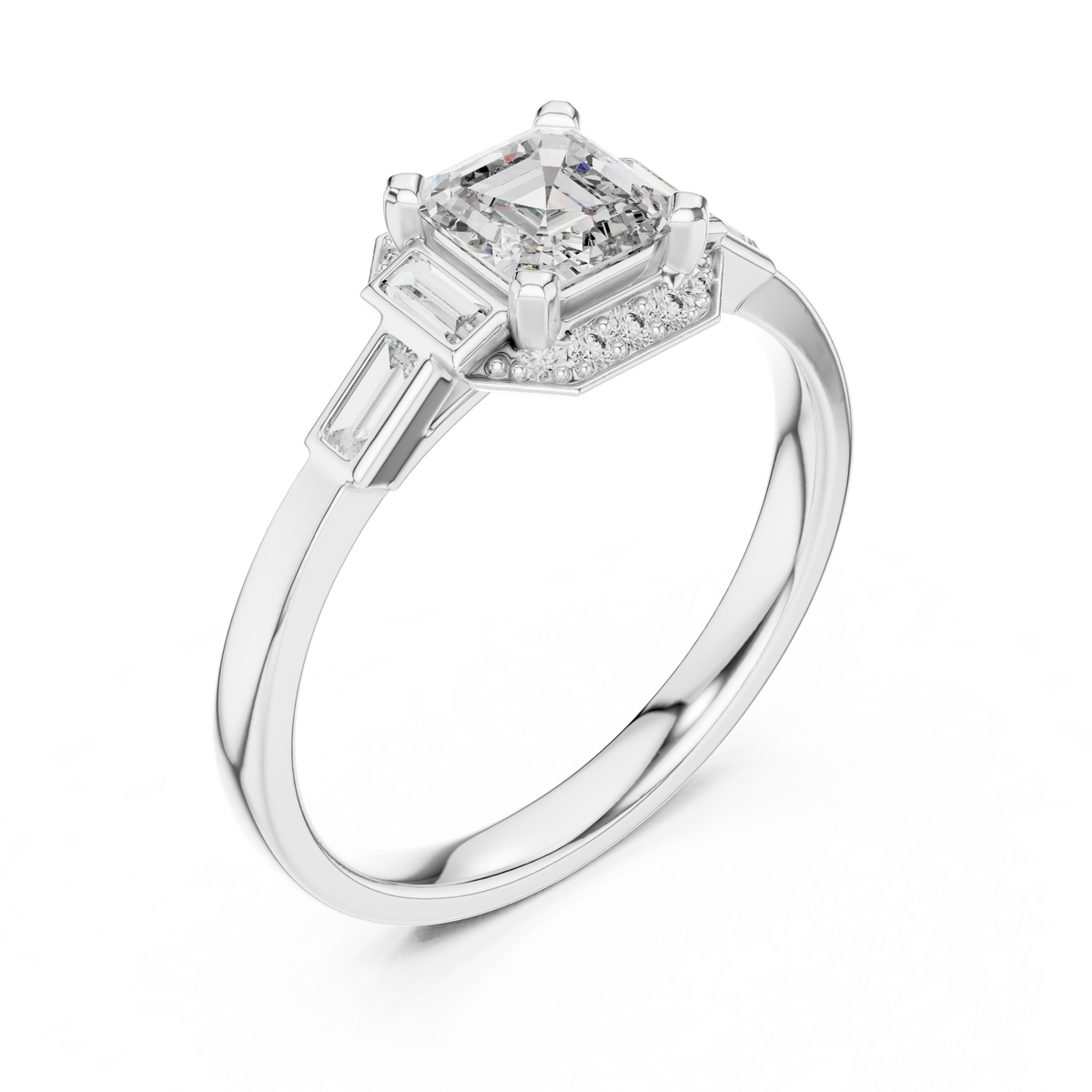 Gold 1Ct Halo Asscher Side Baguette Round Lab Grown Diamond Acario Ring