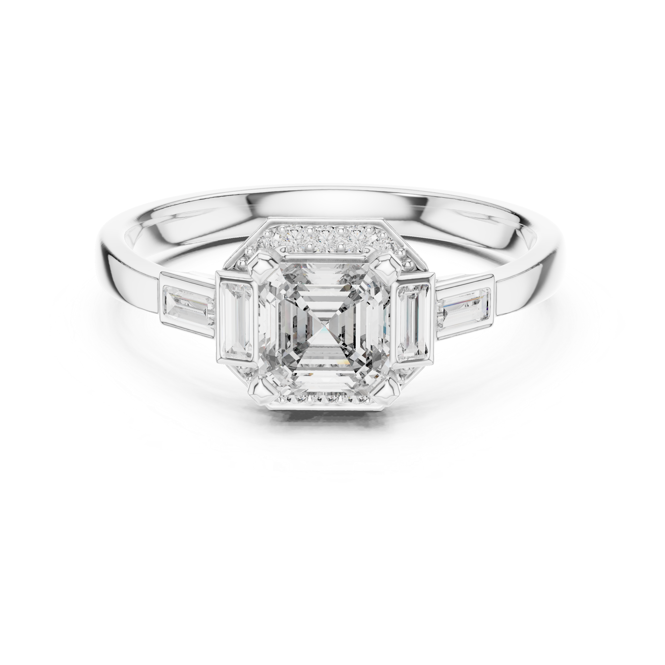 Gold 1Ct Halo Asscher Side Baguette Round Lab Grown Diamond Acario Ring