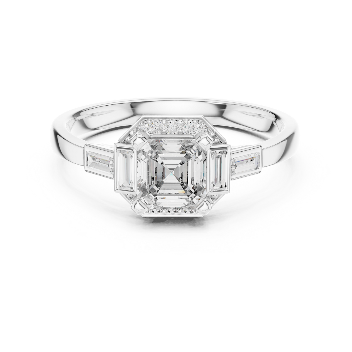 Gold 1Ct Halo Asscher Side Baguette Round Lab Grown Diamond Acario Ring