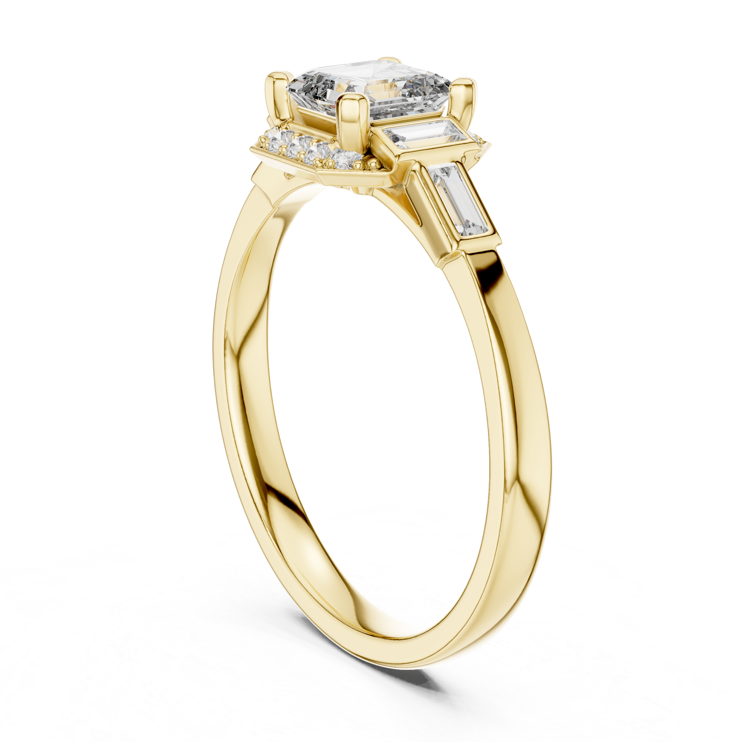 Gold 1Ct Halo Asscher Side Baguette Round Lab Grown Diamond Acario Ring
