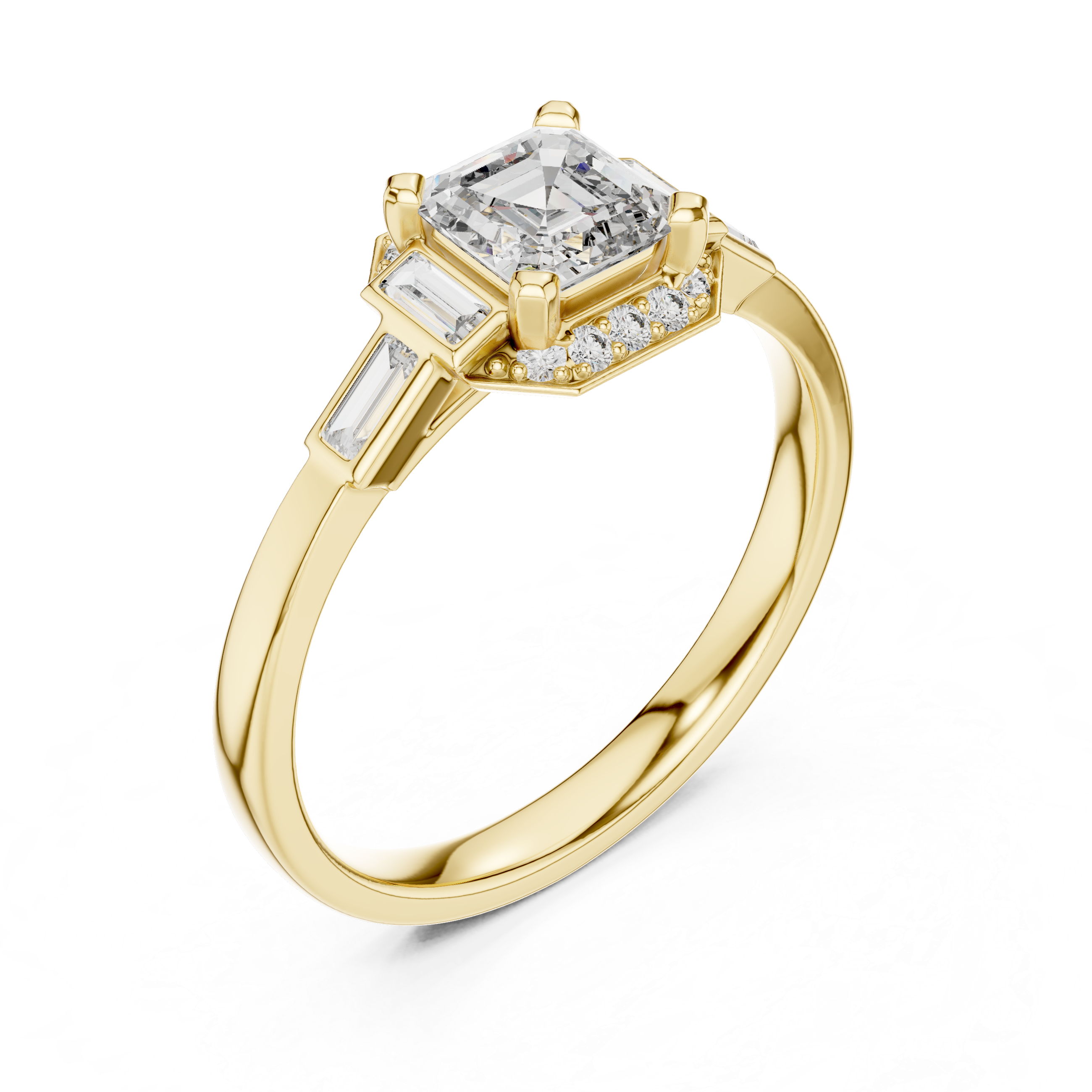 Gold 1Ct Halo Asscher Side Baguette Round Lab Grown Diamond Acario Ring