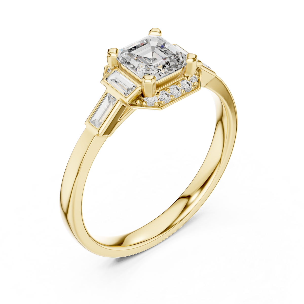 Gold 1Ct Halo Asscher Side Baguette Round Lab Grown Diamond Acario Ring
