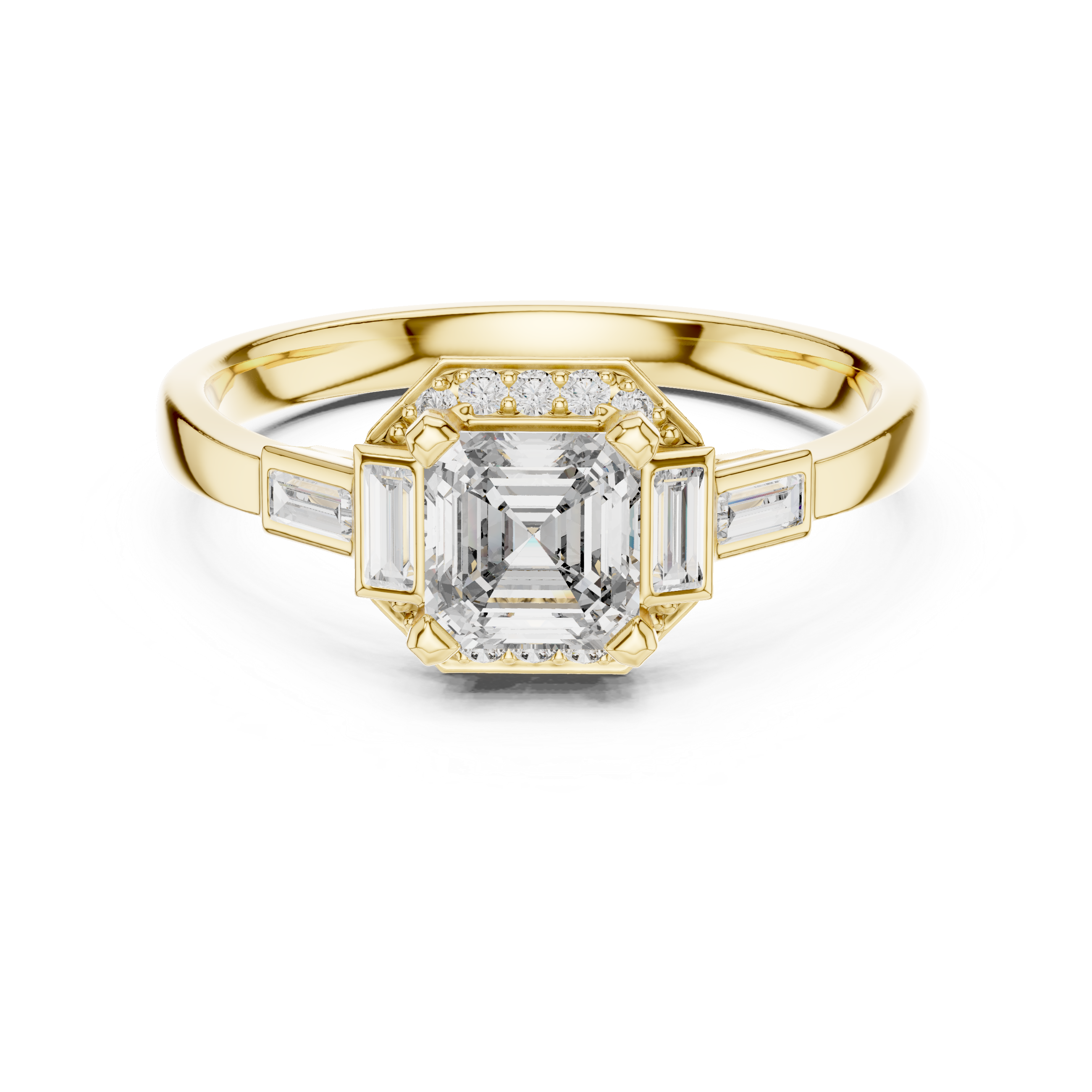 Gold 1Ct Halo Asscher Side Baguette Round Lab Grown Diamond Acario Ring