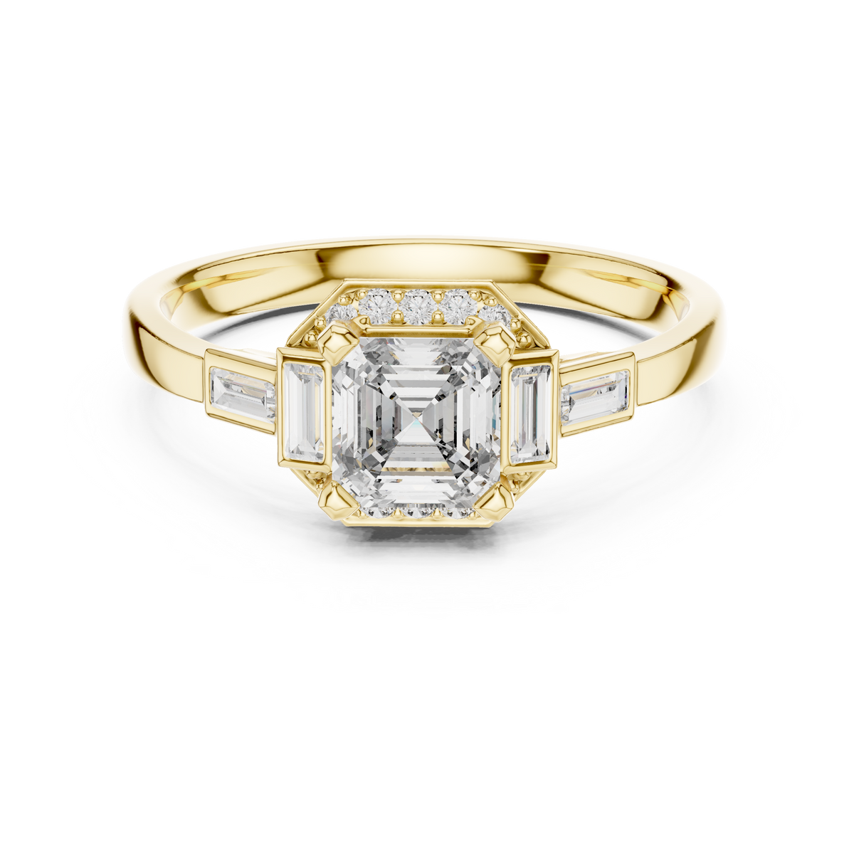 Gold 1Ct Halo Asscher Side Baguette Round Lab Grown Diamond Acario Ring