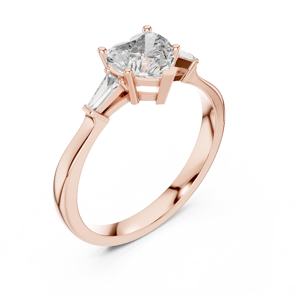 Gold 1Ct Three Stone Tapered Baguette Heart Lab Grown Diamond Malchi Ring
