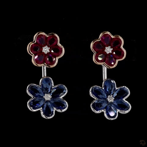 Sapphire Ruby Radiance: Blue and Red Diamond Earrings