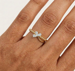 Flutter Ring Pear Lab Grown Diamond Three Stone Butterfly Beaded Band