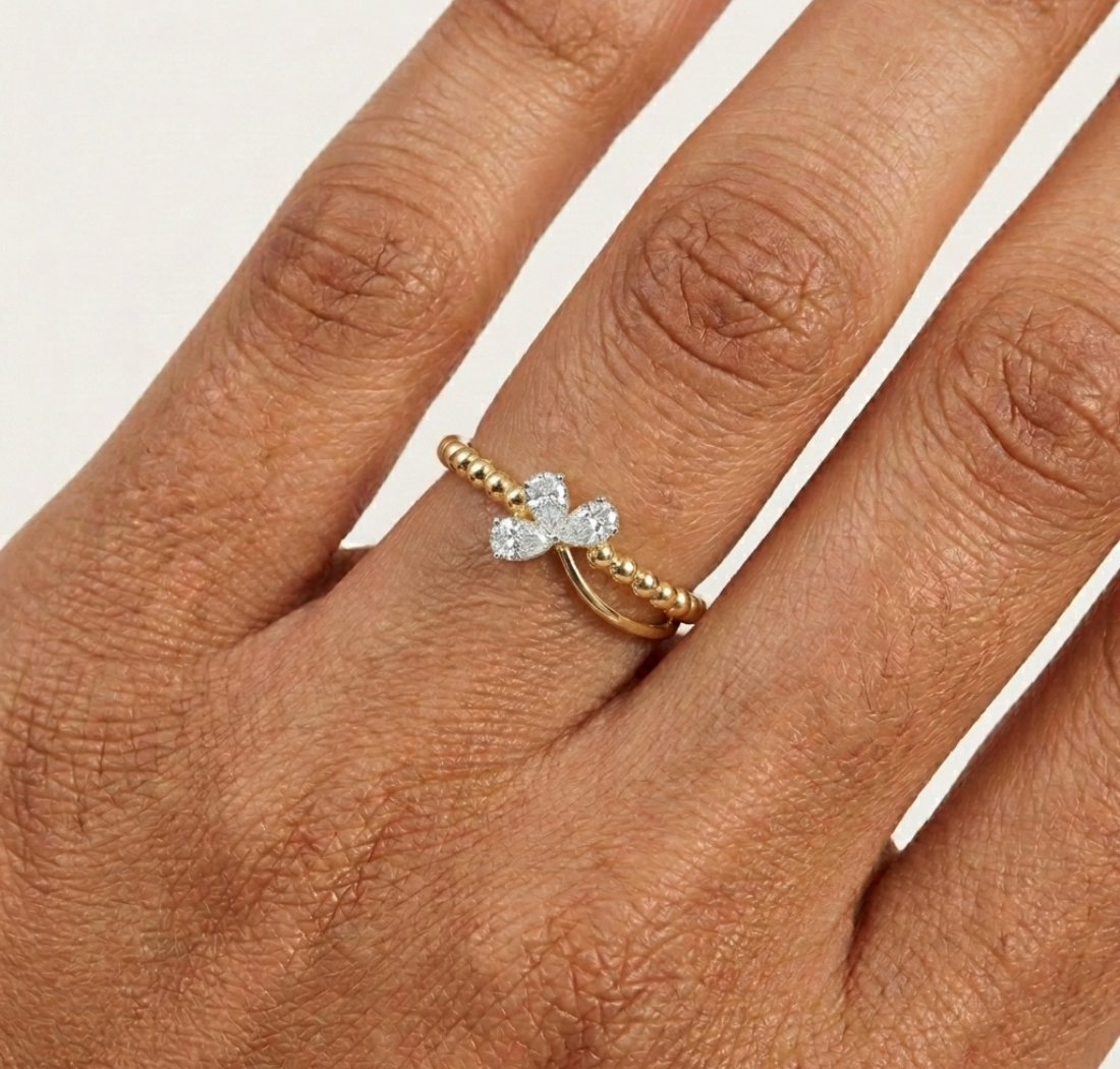 Flutter Ring Pear Lab Grown Diamond Three Stone Butterfly Beaded Band