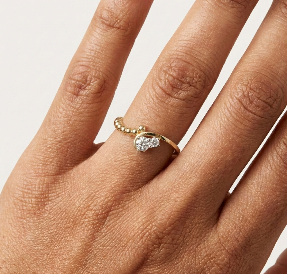 Duo Ring Round Lab Grown Diamond Two Stone Beaded Band Companion