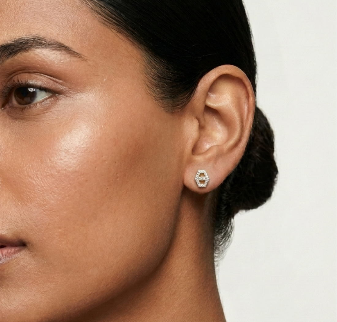 Hex Studs Round Lab Grown Diamond Open Hexagon Pave Border