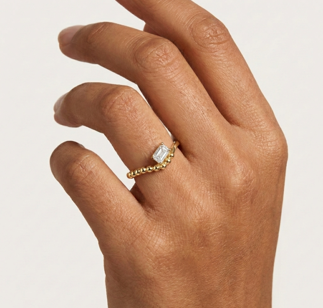 Baguette Ring Emerald Cut Lab Grown Diamond Beaded Band Solitaire