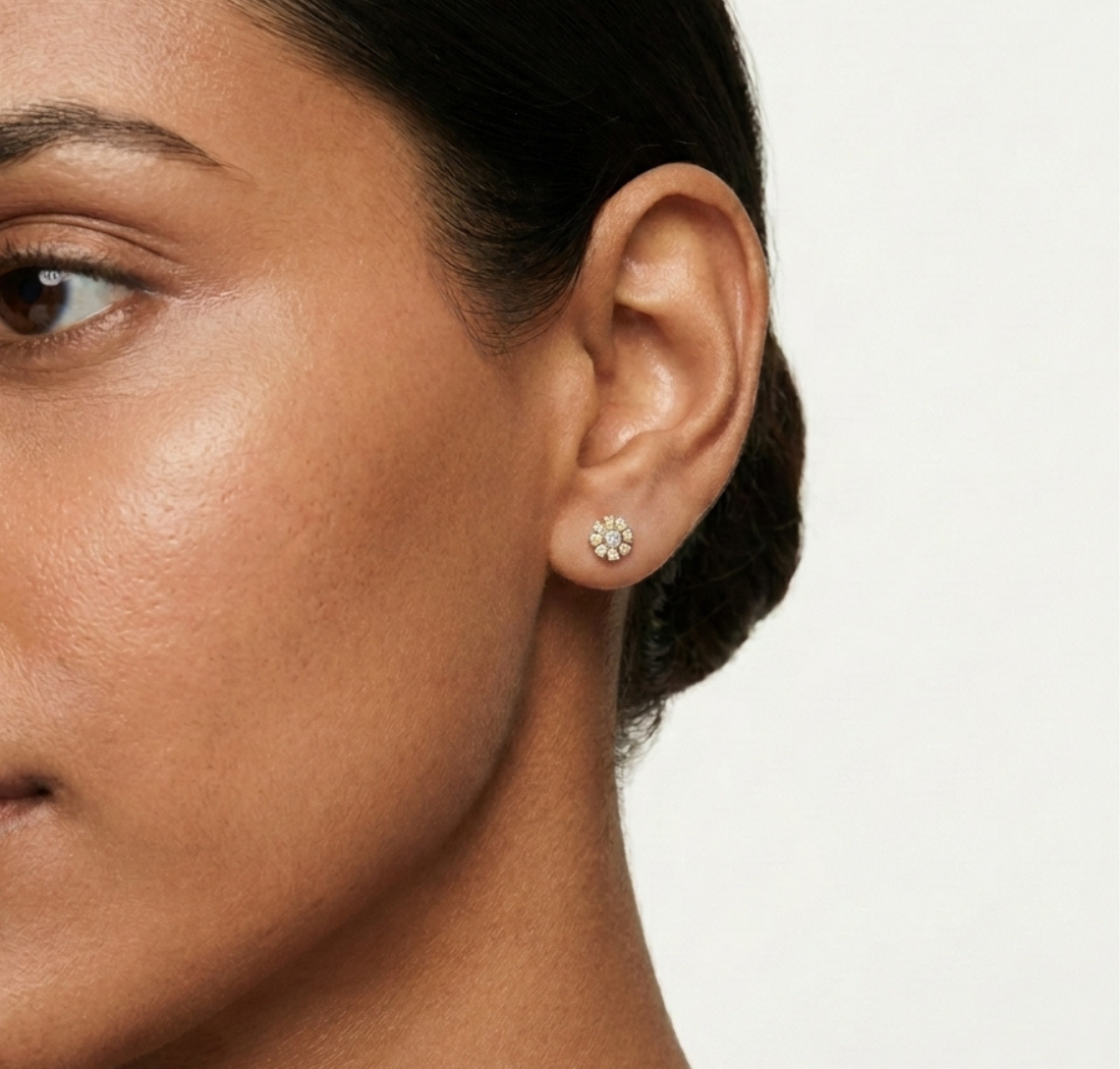 Bloom Studs Round Lab Grown Diamond Eight Petal Pave Edge Flower