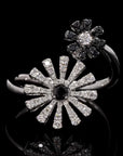 Monochrome Elegance: Black and White Diamond Sunflower Ring