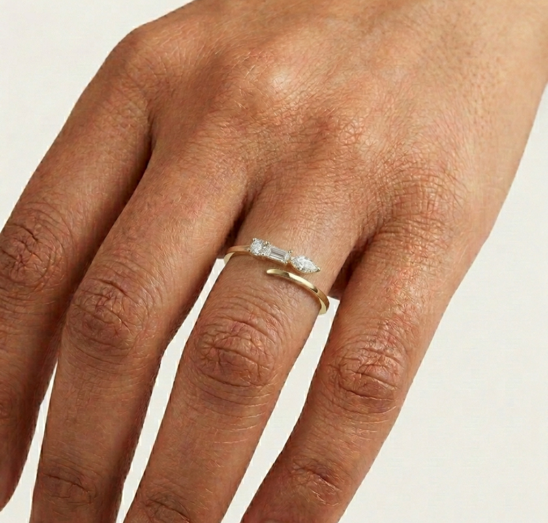 Chord Ring Mixed Cut Three Stone Lab Grown Diamond Baguette Marquise