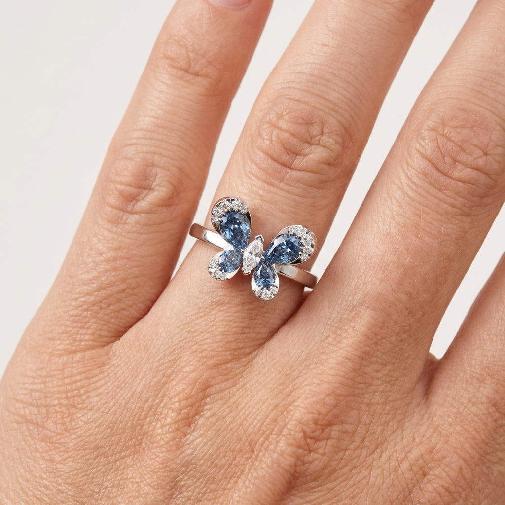 Blue stone pear butterfly lab grown diamond papillon ring