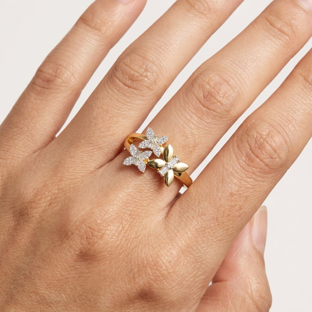 Twin floral round baguette lab grown diamond dalia ring