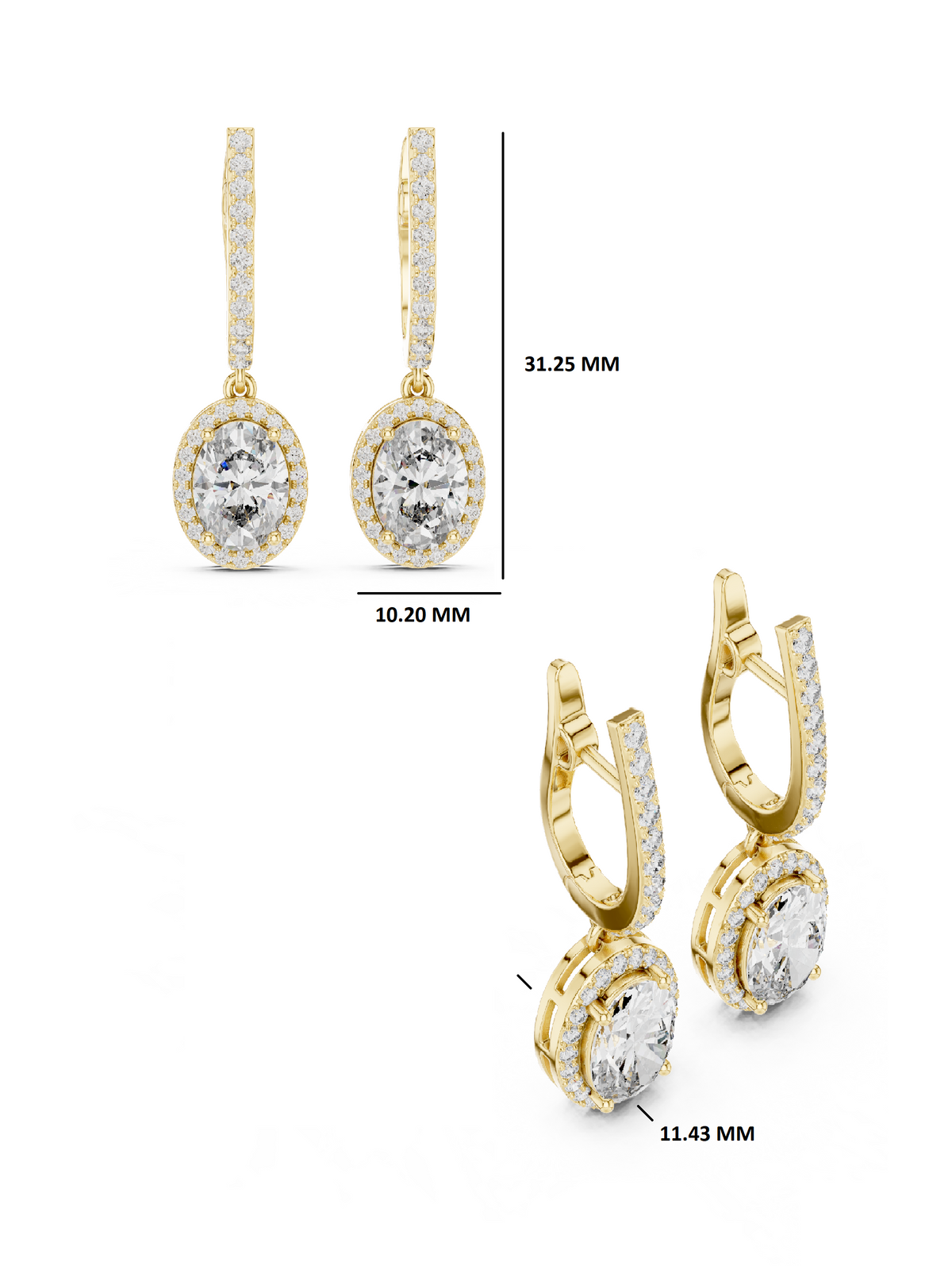 Gold 3Ct Halo Dangle Leif Oval Lab Grown Diamond Earring