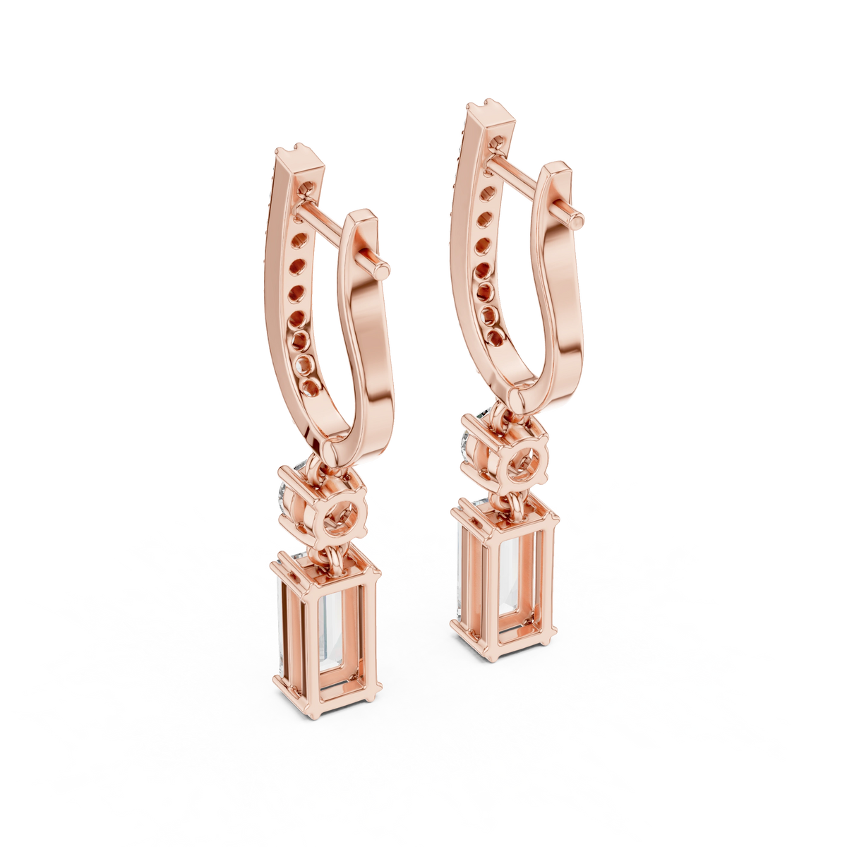 Gold 1Ct Pave Setting Dangling Baguette Round Lab Grown Diamond Noelle Earring