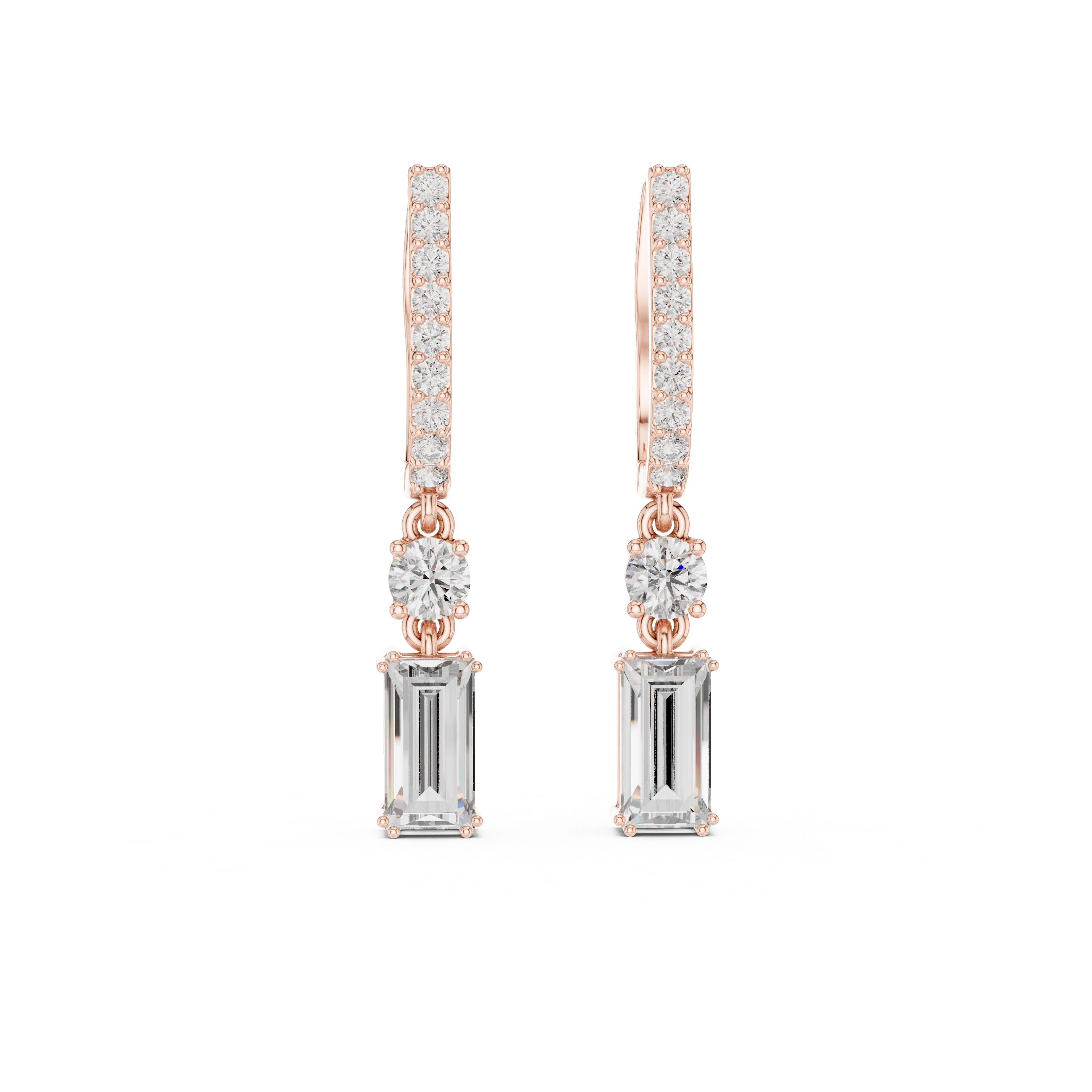 Gold 1Ct Pave Setting Dangling Baguette Round Lab Grown Diamond Noelle Earring