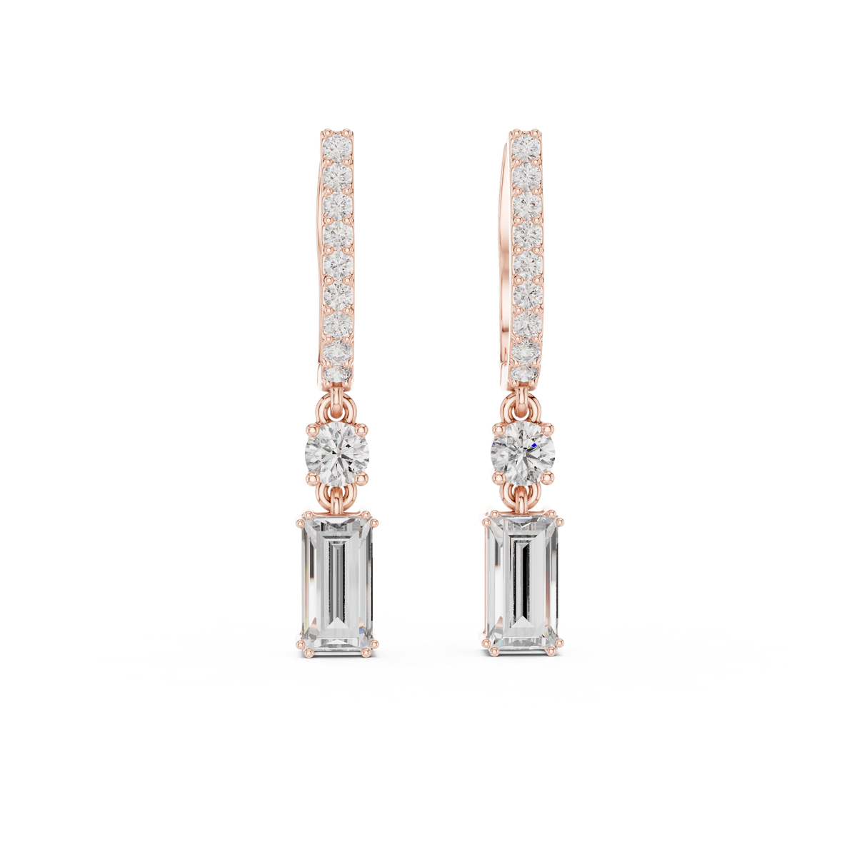 Gold 1Ct Pave Setting Dangling Baguette Round Lab Grown Diamond Noelle Earring