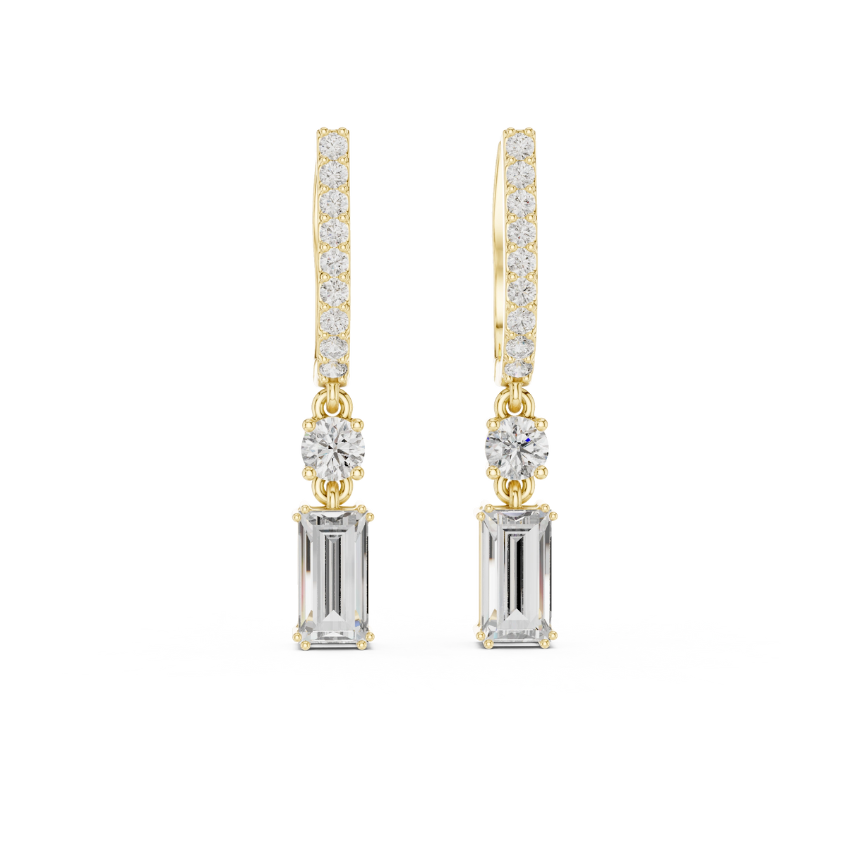 Gold 1Ct Pave Setting Dangling Baguette Round Lab Grown Diamond Noelle Earring