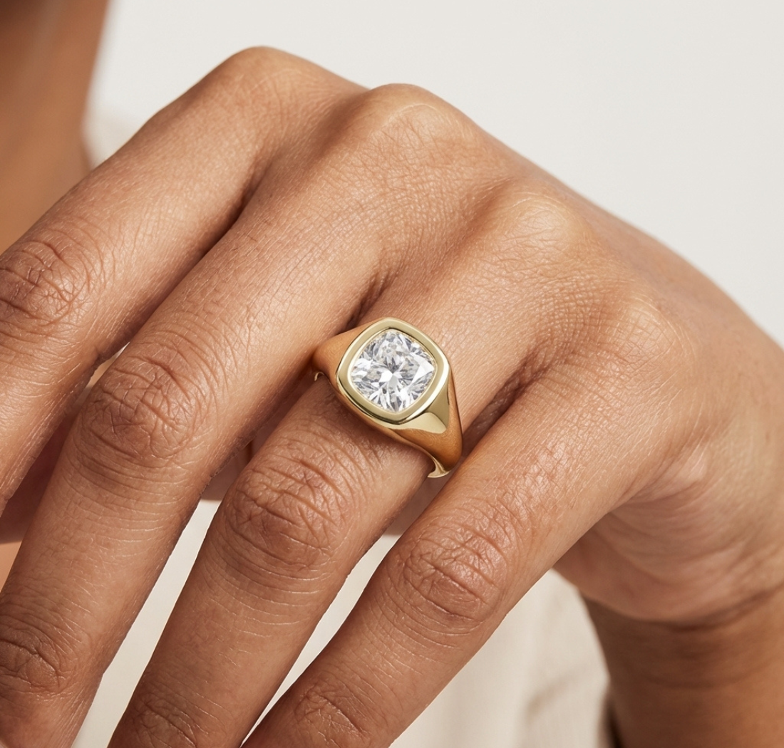 Gold 2Ct Bezel Bold Asscher Lab Grown Diamond Zerelle Ring