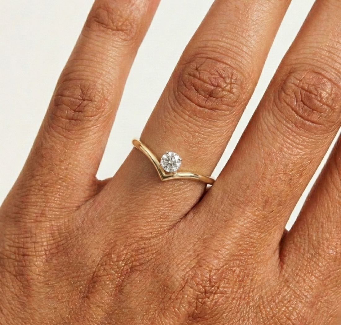 Perch Ring Round  Lab Grown Diamond V Band Upswept Claw