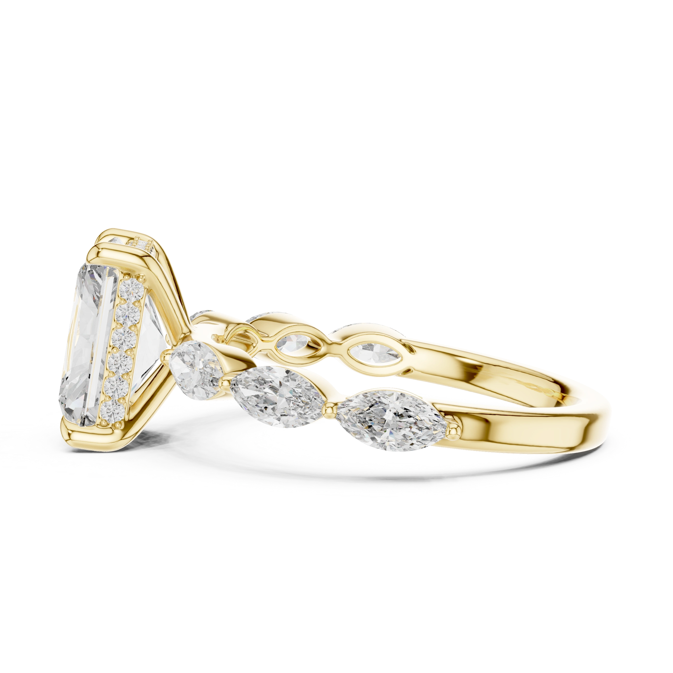 Gold 3Ct Marquise Side Stone Setting Radiant Lab Grown Diamond Leah Ring