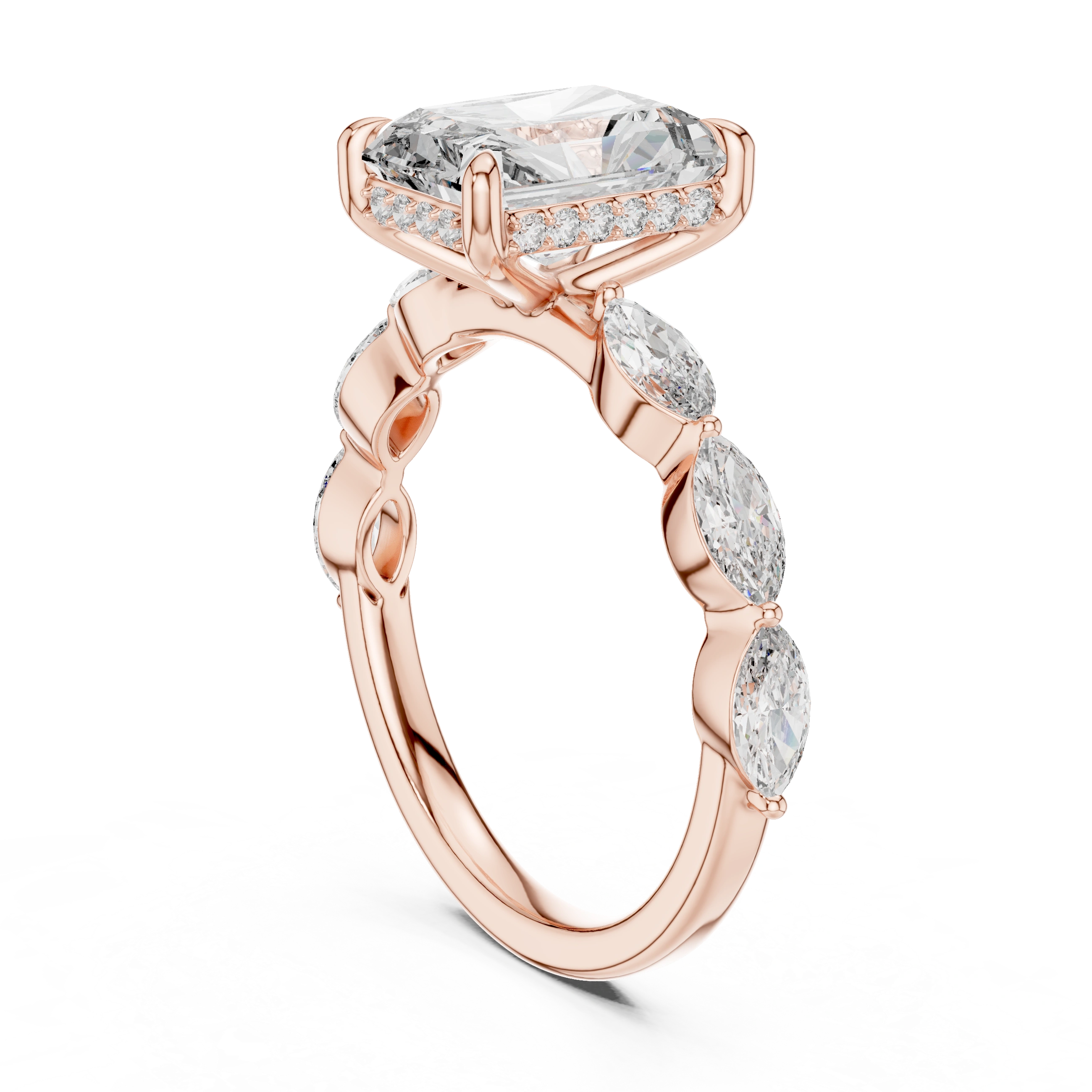 Gold 3Ct Marquise Side Stone Setting Radiant Lab Grown Diamond Leah Ring