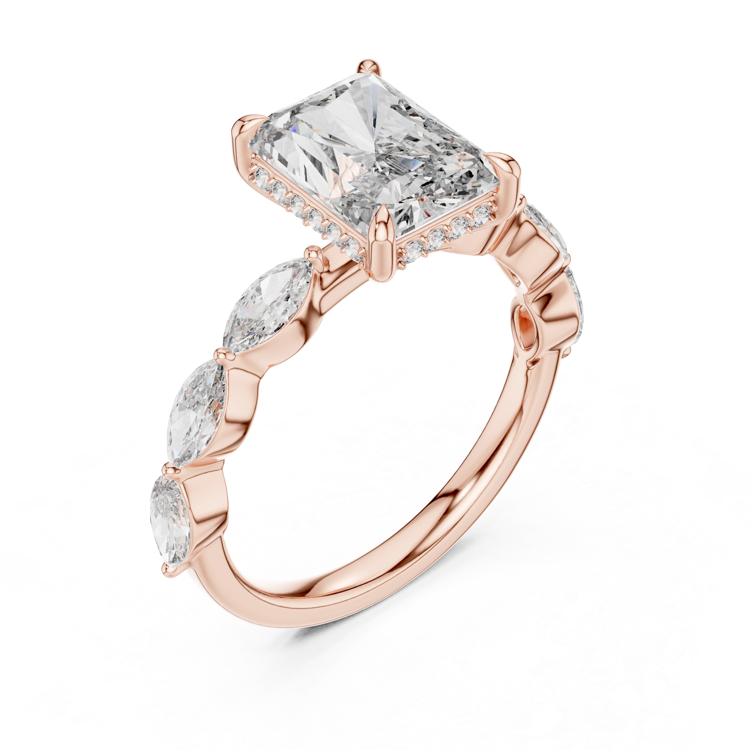 Gold 3Ct Marquise Side Stone Setting Radiant Lab Grown Diamond Leah Ring