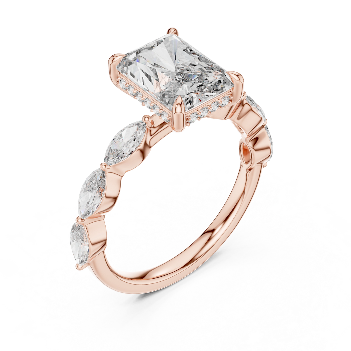 Gold 3Ct Marquise Side Stone Setting Radiant Lab Grown Diamond Leah Ring