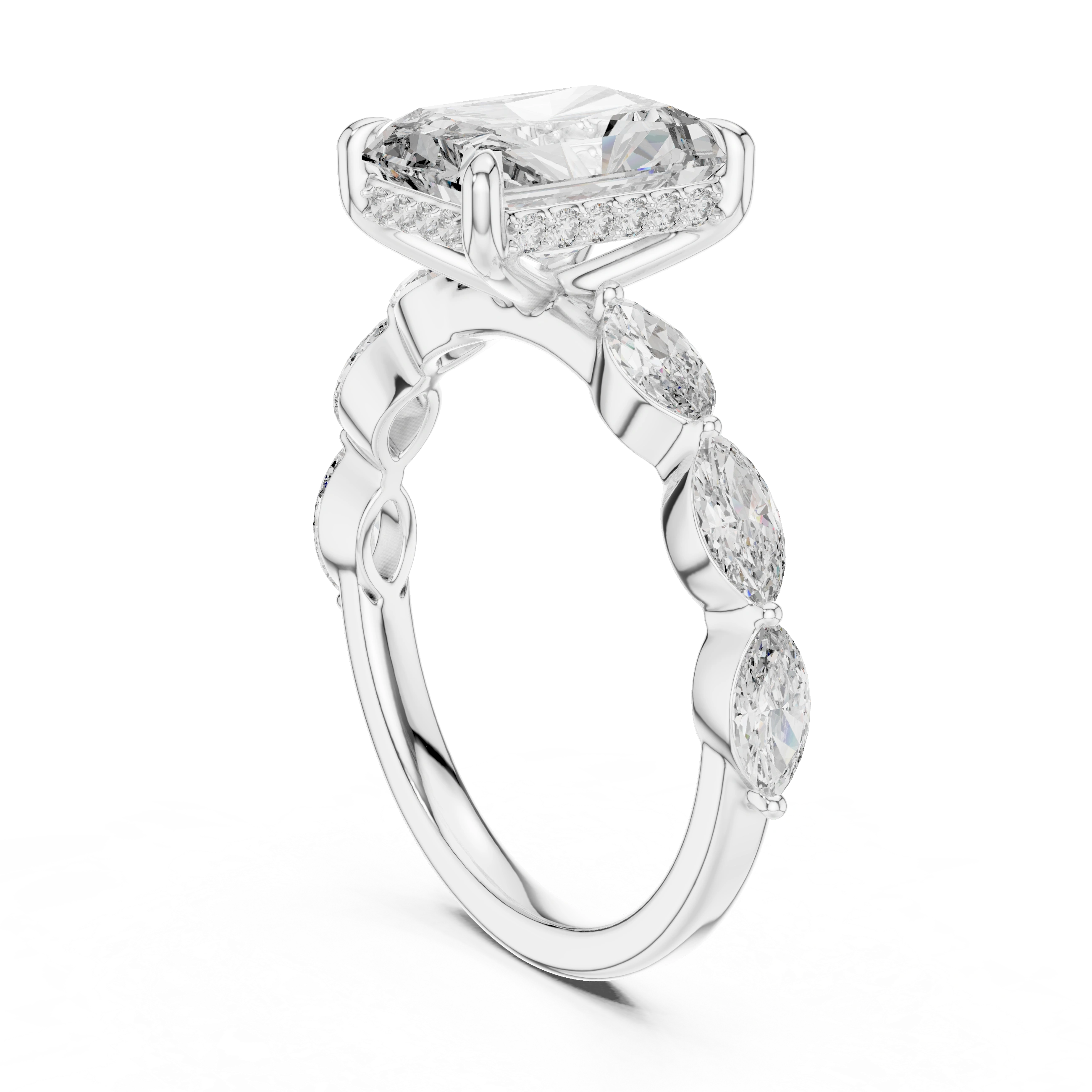 Gold 3Ct Marquise Side Stone Setting Radiant Lab Grown Diamond Leah Ring