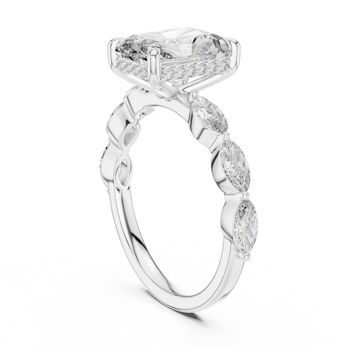Gold 3Ct Marquise Side Stone Setting Radiant Lab Grown Diamond Leah Ring