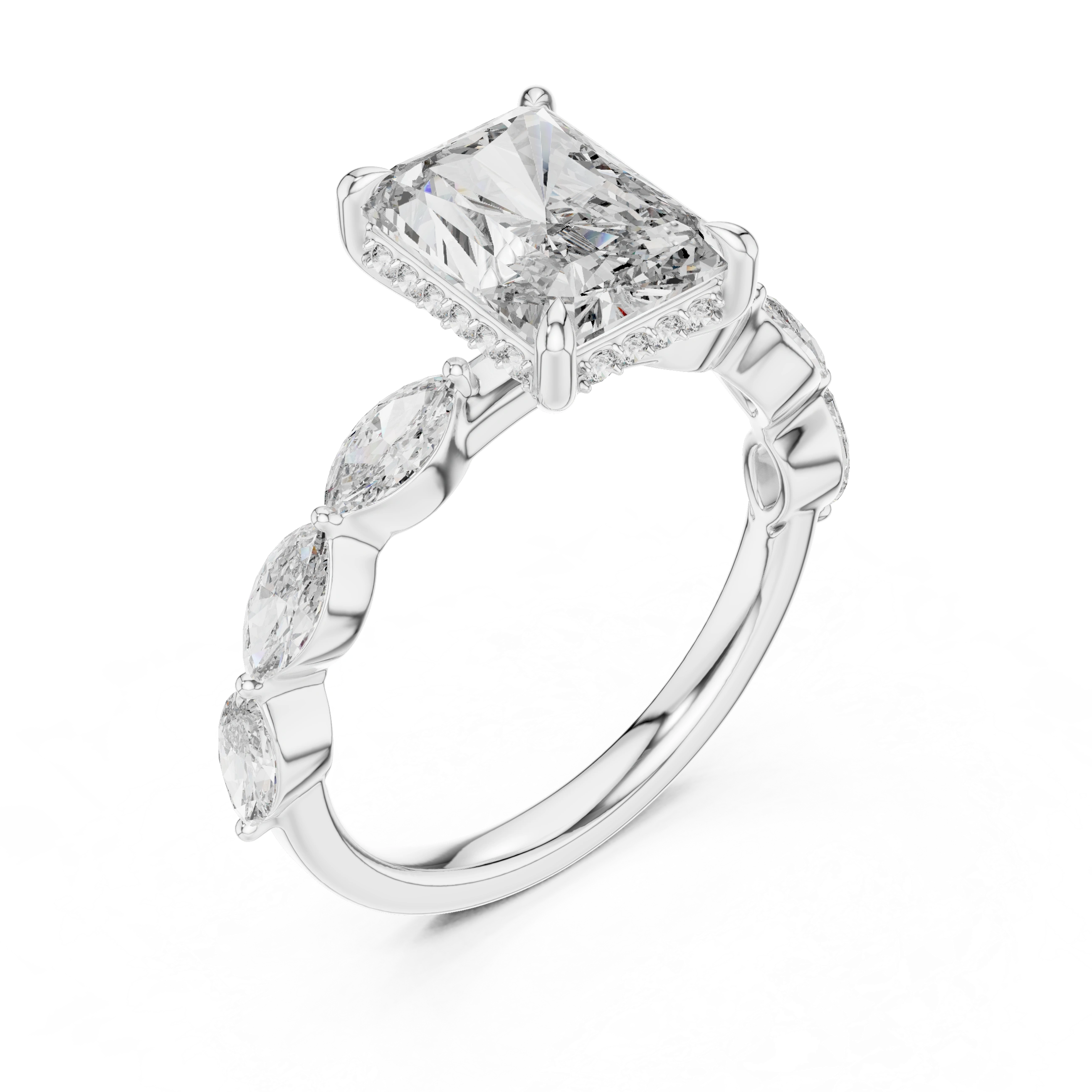 Gold 3Ct Marquise Side Stone Setting Radiant Lab Grown Diamond Leah Ring