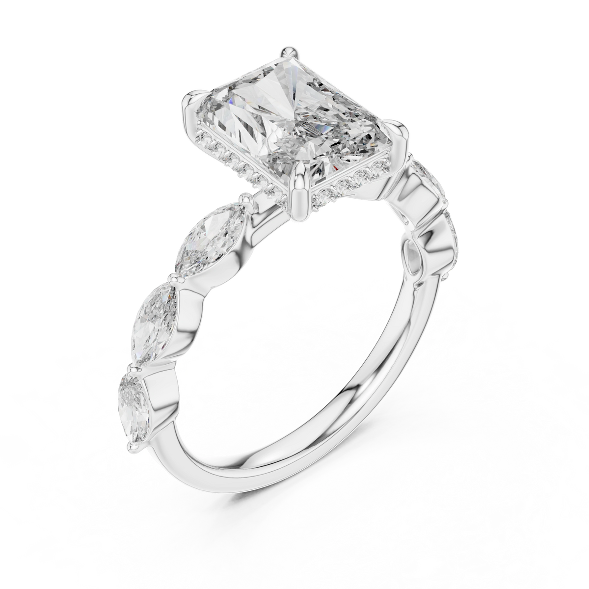 Gold 3Ct Marquise Side Stone Setting Radiant Lab Grown Diamond Leah Ring